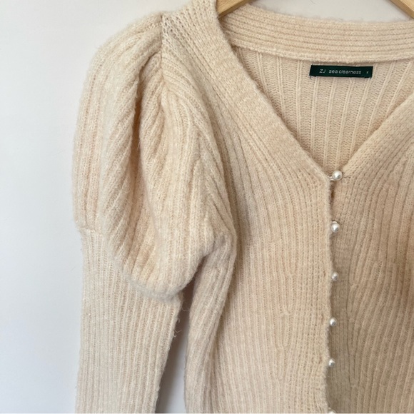 ZJ Sea Clearness Cashmere Puff Sleeve Pearl Button Cardigan Sweater M - Picture 3 of 6